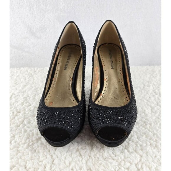 Embellished Black Evening Pump Sz 7.5 Adrienne Vittadini Open Toe 3" Heel Formal - Picture 5 of 16